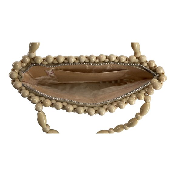 Vintage Handmade Beaded Handbag with Zipper Closure & Interior Pocket - Beige - Picture 3 of 10